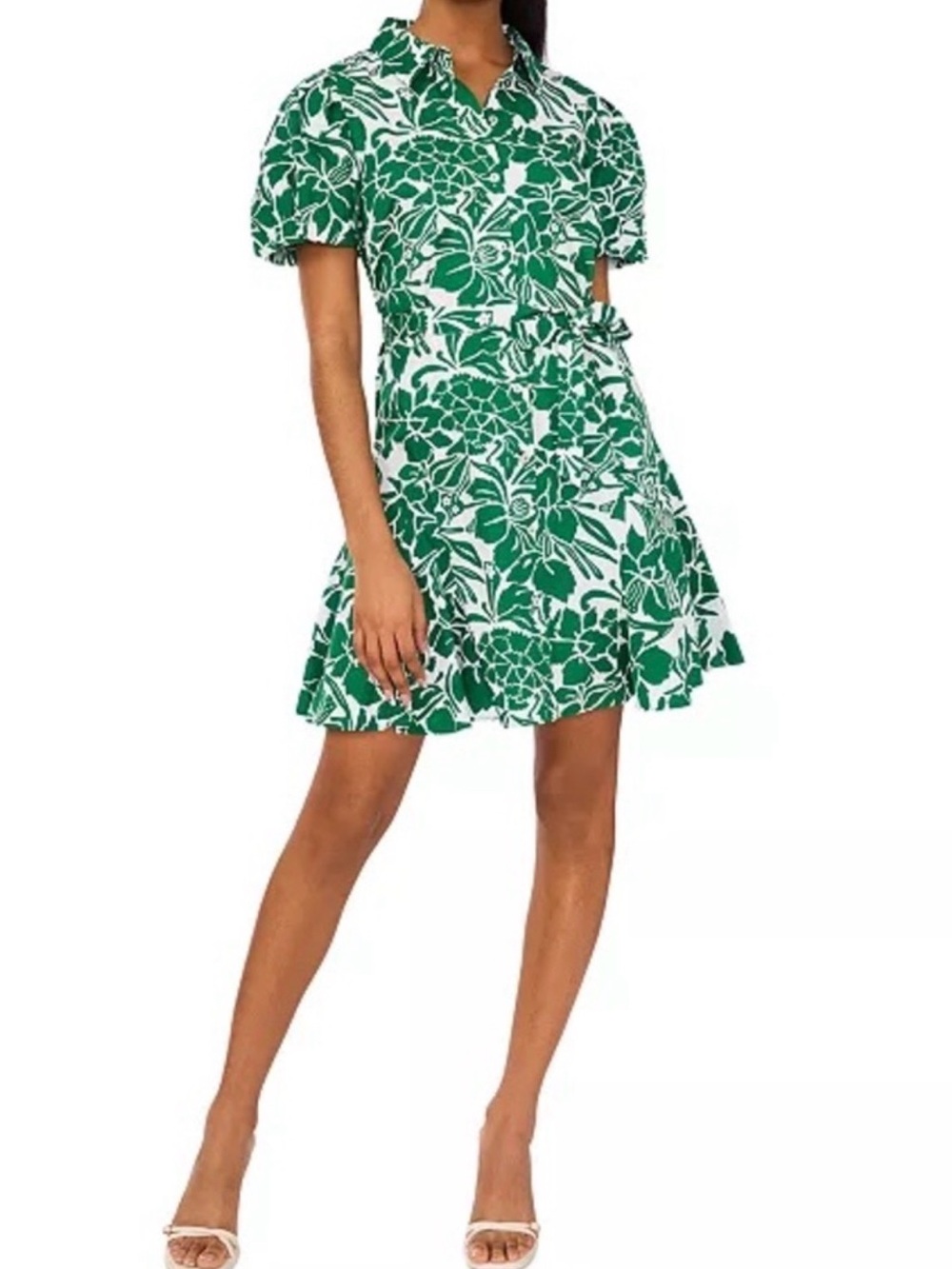 Cynthia Steffe Green and White Floral Button Down Shirt Dress